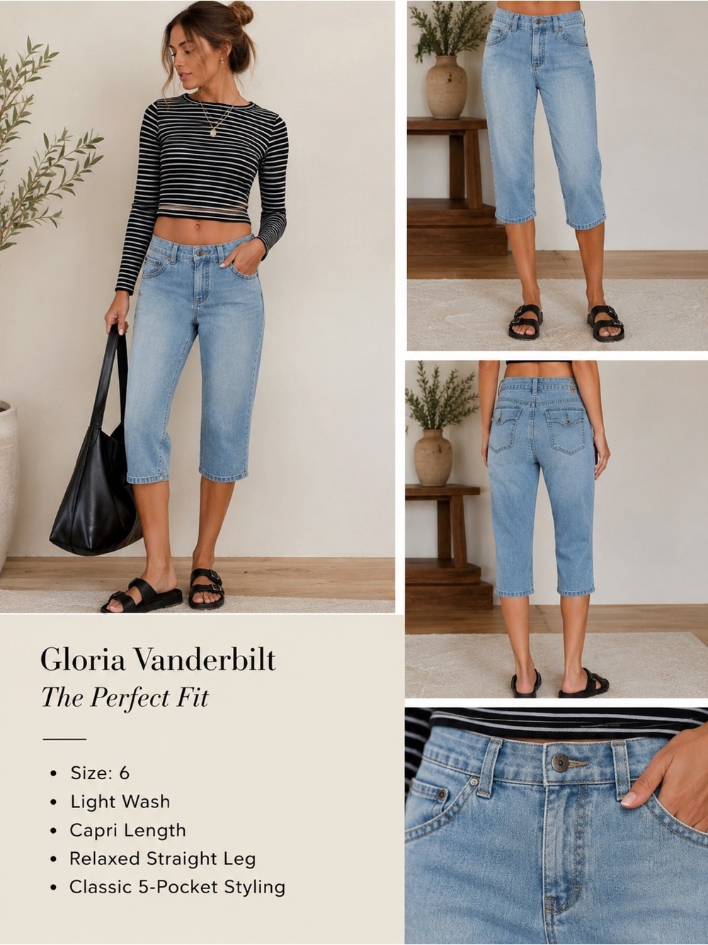 Gloria Vanderbilt The Perfect Fit Light Wash Denim Capri Jeans Women’s 6